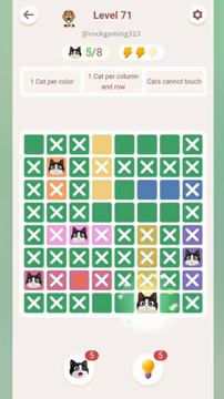Meowdoku Level 71 step 5 screenshot showing the cat placement at F8 with 5 of 8 cats visible on the board.
