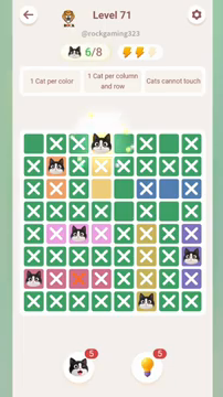 Meowdoku Level 71 step 6 screenshot showing the cat placement at D1 with 6 of 8 cats visible on the board.