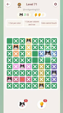 Meowdoku Level 71 step 7 screenshot showing the cat placement at G3 with 7 of 8 cats visible on the board.