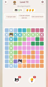 Meowdoku Level 72 step 2 screenshot showing the cat placement at D8 with 2 of 9 cats visible on the board.