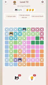 Meowdoku Level 72 step 3 screenshot showing the cat placement at E1 with 3 of 9 cats visible on the board.