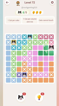 Meowdoku Level 72 step 4 screenshot showing the cat placement at I3 with 4 of 9 cats visible on the board.