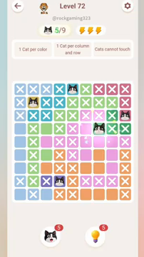 Meowdoku Level 72 step 5 screenshot showing the cat placement at G4 with 5 of 9 cats visible on the board.