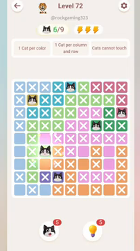 Meowdoku Level 72 step 6 screenshot showing the cat placement at C6 with 6 of 9 cats visible on the board.