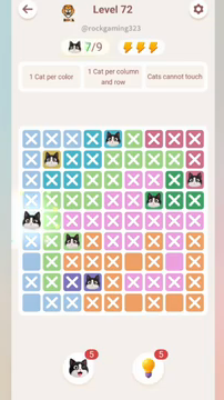 Meowdoku Level 72 step 7 screenshot showing the cat placement at A5 with 7 of 9 cats visible on the board.