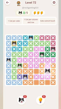 Meowdoku Level 72 step 8 screenshot showing the cat placement at H7 with 8 of 9 cats visible on the board.