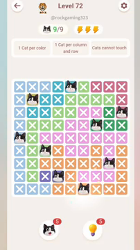 Meowdoku Level 72 step 9 screenshot showing the cat placement at F9 with 9 of 9 cats visible on the board.