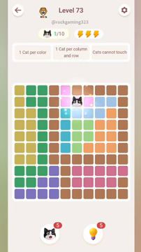 Meowdoku Level 73 step 1 screenshot showing the cat placement at F2 with 1 of 10 cats visible on the board.