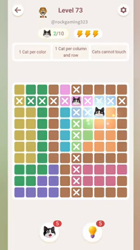 Meowdoku Level 73 step 2 screenshot showing the cat placement at H3 with 2 of 10 cats visible on the board.