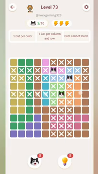 Meowdoku Level 73 step 3 screenshot showing the cat placement at G5 with 3 of 10 cats visible on the board.