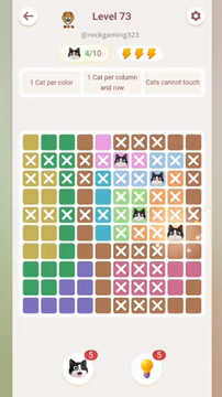 Meowdoku Level 73 step 4 screenshot showing the cat placement at I6 with 4 of 10 cats visible on the board.