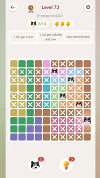 Meowdoku Level 73 step 5 screenshot showing the cat placement at J8 with 5 of 10 cats visible on the board.