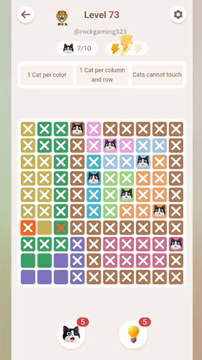 Meowdoku Level 73 step 7 screenshot showing the cat placement at D1 with 7 of 10 cats visible on the board.