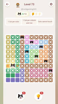 Meowdoku Level 73 step 8 screenshot showing the cat placement at B7 with 8 of 10 cats visible on the board.