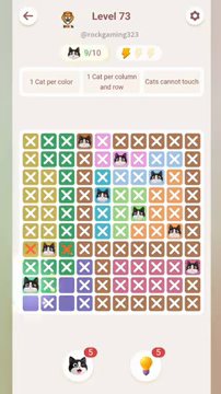 Meowdoku Level 73 step 9 screenshot showing the cat placement at A9 with 9 of 10 cats visible on the board.