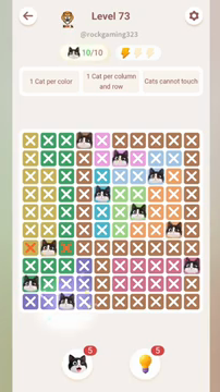 Meowdoku Level 73 step 10 screenshot showing the cat placement at C10 with 10 of 10 cats visible on the board.