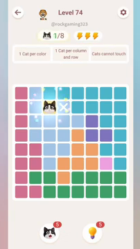 Meowdoku Level 74 step 1 screenshot showing the cat placement at C2 with 1 of 8 cats visible on the board.
