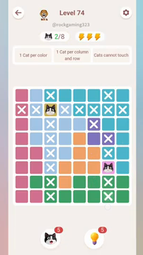 Meowdoku Level 74 step 2 screenshot showing the cat placement at G6 with 2 of 8 cats visible on the board.