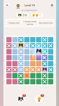 Meowdoku Level 74 step 3 screenshot showing the cat placement at F3 with 3 of 8 cats visible on the board.