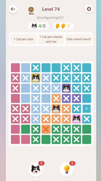 Meowdoku Level 74 step 4 screenshot showing the cat placement at E5 with 4 of 8 cats visible on the board.