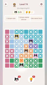 Meowdoku Level 74 step 5 screenshot showing the cat placement at D8 with 5 of 8 cats visible on the board.