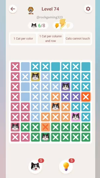 Meowdoku Level 74 step 6 screenshot showing the cat placement at A7 with 6 of 8 cats visible on the board.