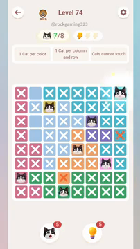 Meowdoku Level 74 step 7 screenshot showing the cat placement at H1 with 7 of 8 cats visible on the board.