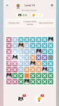 Meowdoku Level 74 step 8 screenshot showing the cat placement at B4 with 8 of 8 cats visible on the board.
