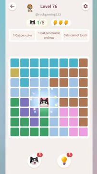 Meowdoku Level 76 step 1 screenshot showing the cat placement at D5 with 1 of 8 cats visible on the board.