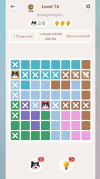 Meowdoku Level 76 step 2 screenshot showing the cat placement at A2 with 2 of 8 cats visible on the board.