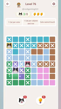 Meowdoku Level 76 step 3 screenshot showing the cat placement at B6 with 3 of 8 cats visible on the board.