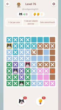 Meowdoku Level 76 step 4 screenshot showing the cat placement at C8 with 4 of 8 cats visible on the board.