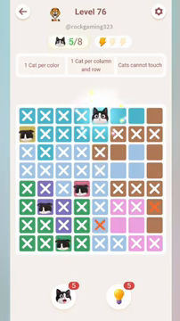 Meowdoku Level 76 step 5 screenshot showing the cat placement at E1 with 5 of 8 cats visible on the board.