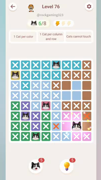 Meowdoku Level 76 step 6 screenshot showing the cat placement at G7 with 6 of 8 cats visible on the board.