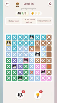 Meowdoku Level 76 step 7 screenshot showing the cat placement at F4 with 7 of 8 cats visible on the board.
