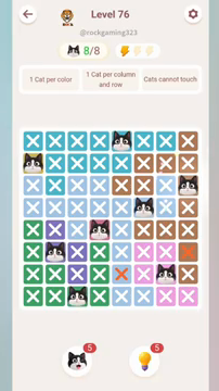 Meowdoku Level 76 step 8 screenshot showing the cat placement at H3 with 8 of 8 cats visible on the board.