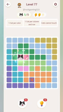 Meowdoku Level 77 step 1 screenshot showing the cat placement at C4 with 1 of 9 cats visible on the board.