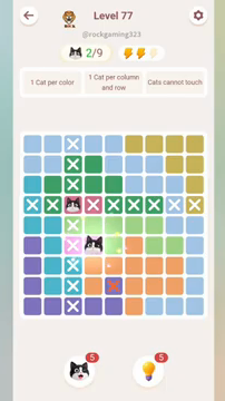 Meowdoku Level 77 step 2 screenshot showing the cat placement at D6 with 2 of 9 cats visible on the board.