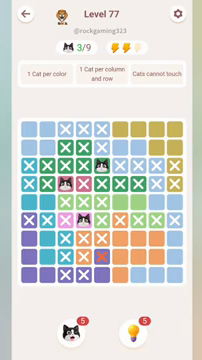 Meowdoku Level 77 step 3 screenshot showing the cat placement at E3 with 3 of 9 cats visible on the board.