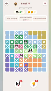Meowdoku Level 77 step 4 screenshot showing the cat placement at F5 with 4 of 9 cats visible on the board.