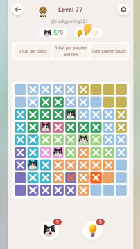 Meowdoku Level 77 step 5 screenshot showing the cat placement at B7 with 5 of 9 cats visible on the board.