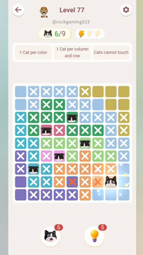 Meowdoku Level 77 step 6 screenshot showing the cat placement at H8 with 6 of 9 cats visible on the board.