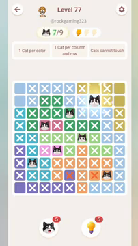 Meowdoku Level 77 step 7 screenshot showing the cat placement at G2 with 7 of 9 cats visible on the board.