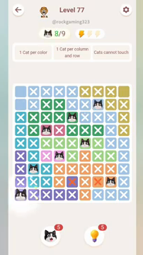 Meowdoku Level 77 step 8 screenshot showing the cat placement at A9 with 8 of 9 cats visible on the board.