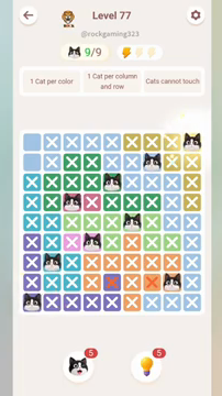 Meowdoku Level 77 step 9 screenshot showing the cat placement at I1 with 9 of 9 cats visible on the board.