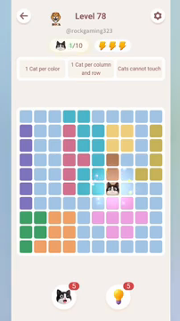 Meowdoku Level 78 step 1 screenshot showing the cat placement at G6 with 1 of 10 cats visible on the board.