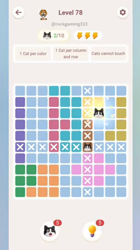 Meowdoku Level 78 step 2 screenshot showing the cat placement at H3 with 2 of 10 cats visible on the board.