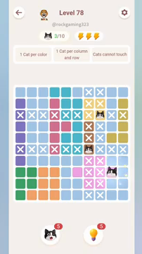 Meowdoku Level 78 step 3 screenshot showing the cat placement at I8 with 3 of 10 cats visible on the board.