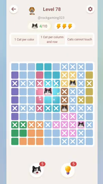 Meowdoku Level 78 step 4 screenshot showing the cat placement at E4 with 4 of 10 cats visible on the board.