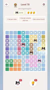 Meowdoku Level 78 step 5 screenshot showing the cat placement at J5 with 5 of 10 cats visible on the board.